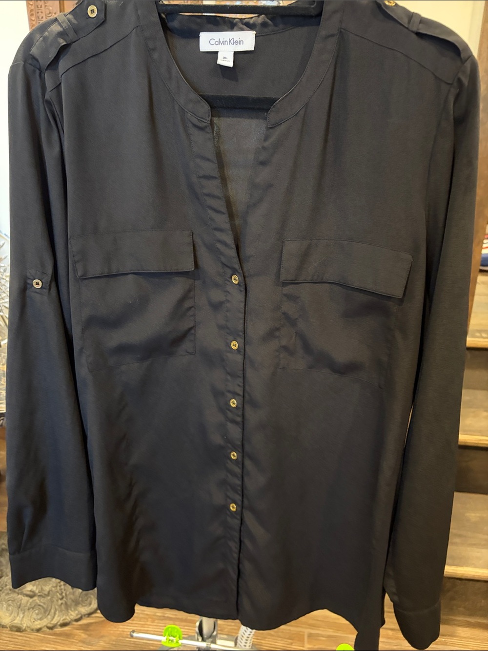 Calvin Klein Black Button-Front Utility Shirt look blouse
